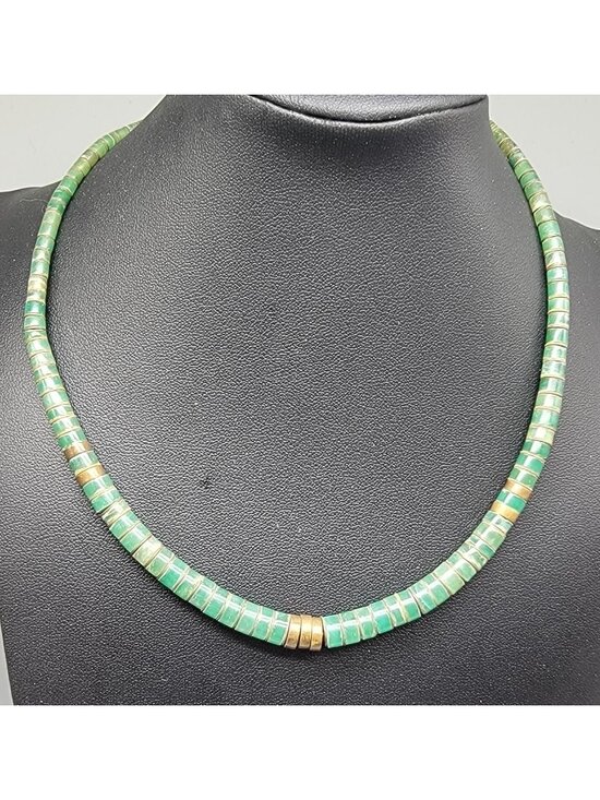Unknown Jewelry - Vintage Southwestern Green Turquoise Heishi Disc Bead Necklace 16" 1970s